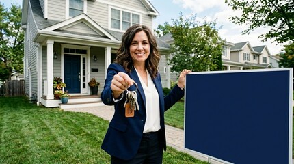 Fototapeta premium Smiling real estate agent holding house keys in front of suburban home with blank signboard, property sale concept
