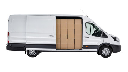 White cargo van loaded with cardboard boxes, isolated on transparent background © LUXSTORY