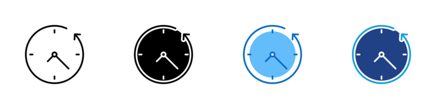 Time Refresh Multiple Style Icon Design Vector - Clock with circular arrow representing time update, schedule refresh, and synchronization