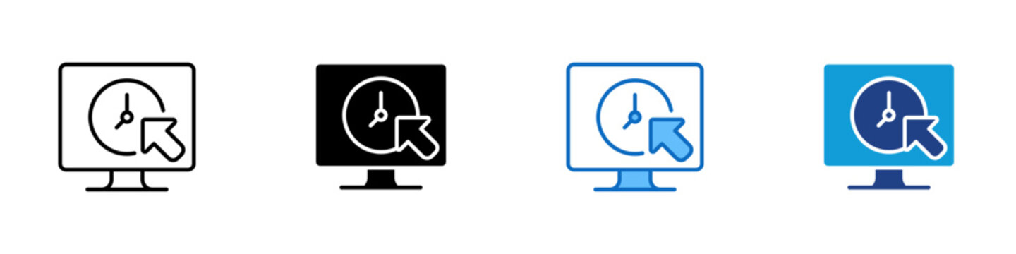 Time Tracking Multiple Style Icon Design Vector - Monitor with clock and cursor representing time tracking, productivity monitoring, and work session control