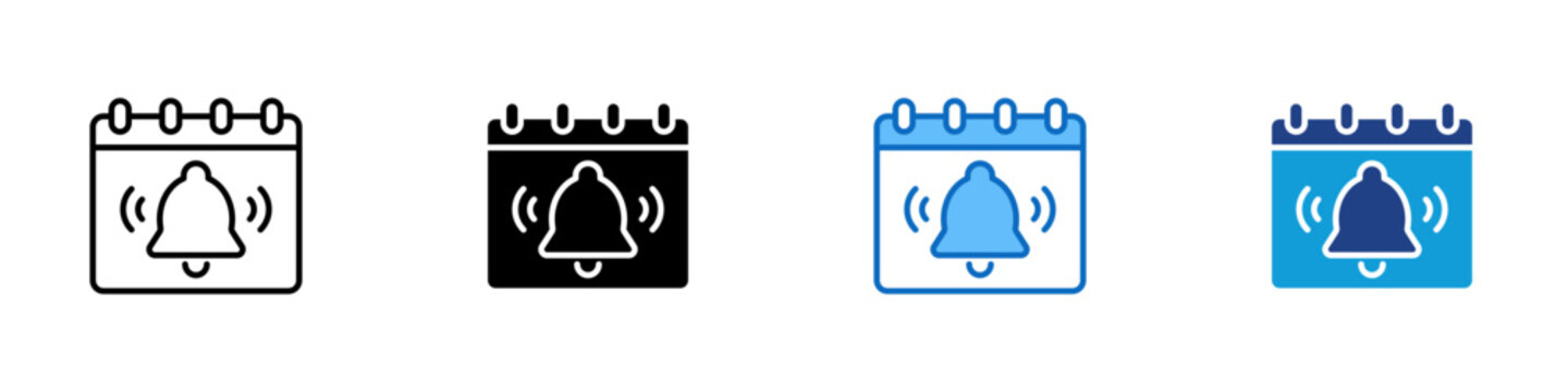 Event Reminder Multiple Style Icon Design Vector - Calendar with ringing bell representing event reminder, schedule alert, and notification system
