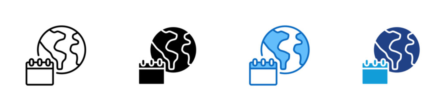 Global Calendar Multiple Style Icon Design Vector - Globe with calendar representing international planning, global event scheduling, and date coordination