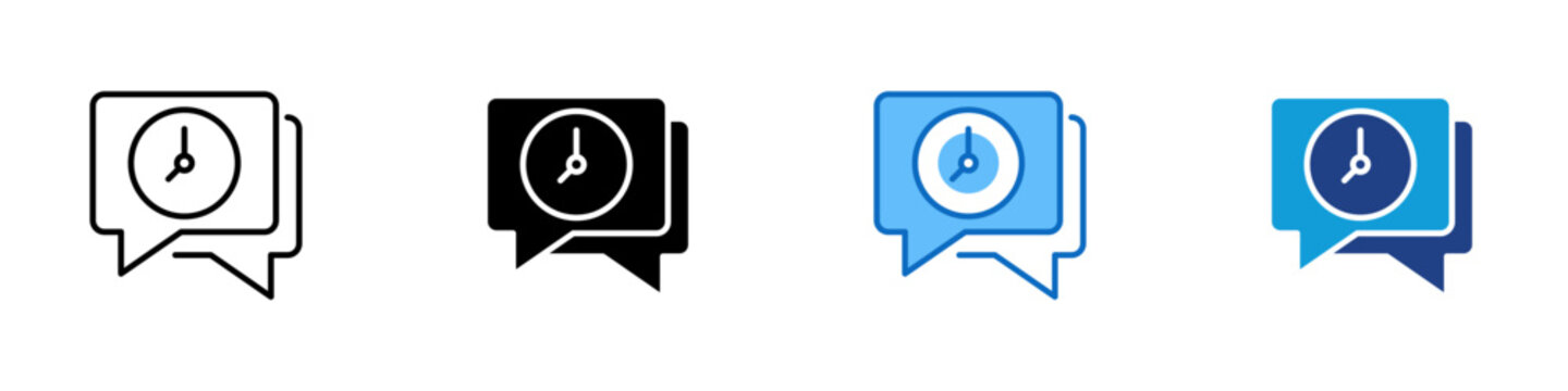 Time Messaging Multiple Style Icon Design Vector - Chat bubbles with clock representing time based communication, message scheduling, temporary chat, and response tracking
