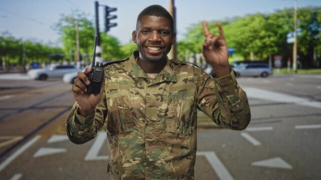 Soldier man in camouflage uniform smiles, holds a walkie talkie and flashes rock horns while standing at a busy street intersection; pride duty.