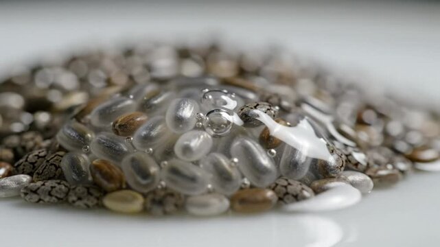 Macro shot of chia seeds hydrating in water, showcasing the gelatinous texture and swelling process, healthy eating concept