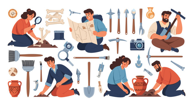 Professional archaeologists and paleontologists excavating ancient fossils and artifacts with specialized tools in flat vector style.