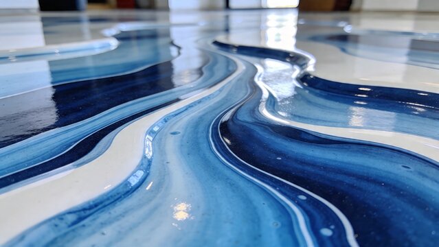 macro epoxy resin floor texture with glossy surface, fluid marbling patterns, blue and white tones, smooth gradients, reflective light, organic flow, modern industrial aesthetic, ultra detailed, clean