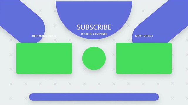 Modern youtube end screen template with green and blue geometric shapes for video recommendations and channel subscription