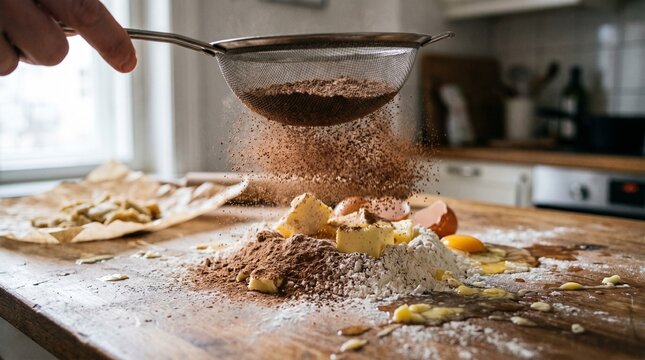 Sifting messy cocoa powder cloud over scattered baking ingredients on counter