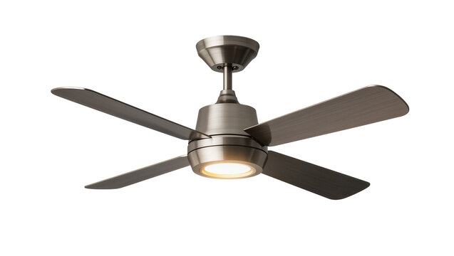 Modern brushed nickel ceiling fan with integrated LED light, isolated on transparent background