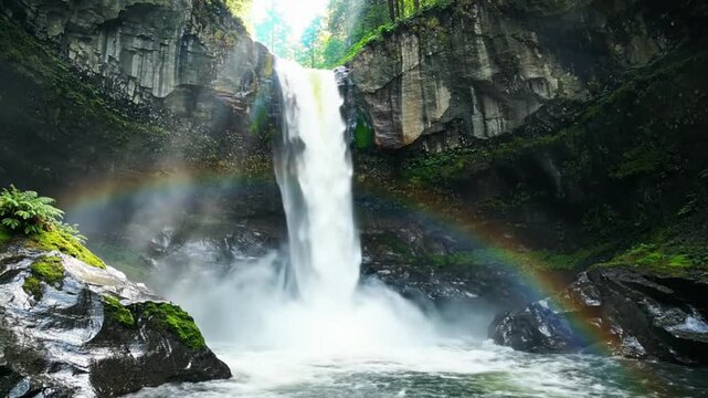 Majestic waterfall cascading into a pool with a colorful rainbow illuminating the lush forest environment