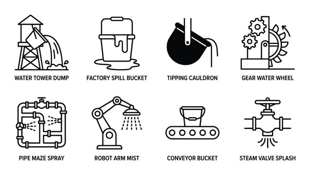 Industrial water icons water tower dump factory spill bucket tipping cauldron gear water wheel.