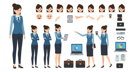 Obraz premium Businesswoman character kit featuring a professional woman in a blue suit with various poses expressions and office tools.