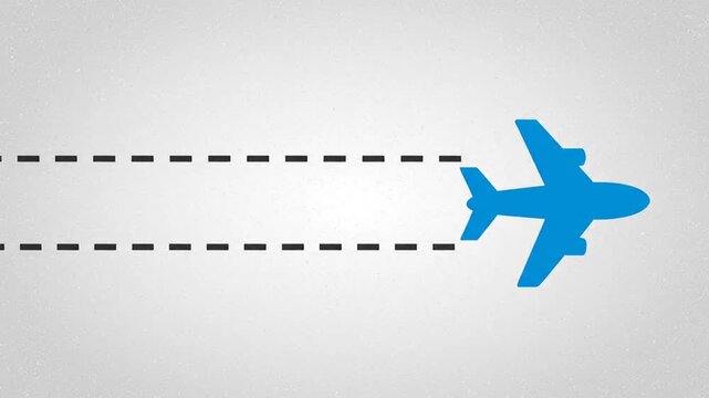 Blue airplane icon flying with dashed trail on gray background