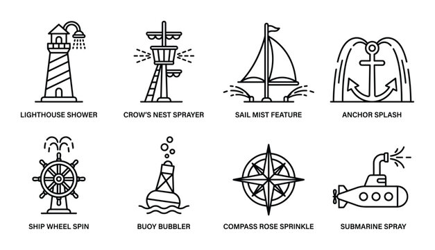Nautical water features lighthouse crow nest sail anchor ship wheel buoy compass submarine for fun.