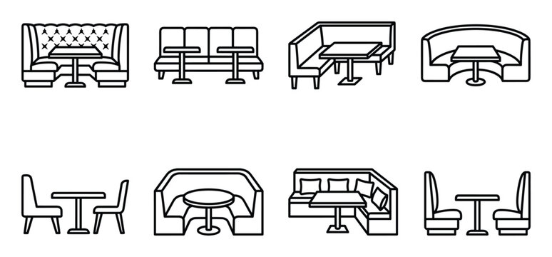 Restaurant booth and seating arrangements for cafes and diners with tables and chairs in various styles.