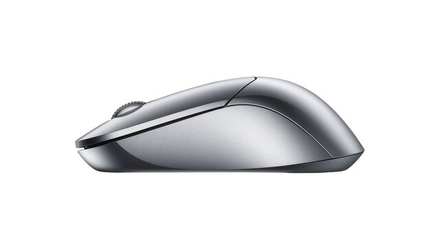 Sleek silver wireless computer mouse with textured scroll wheel, isolated on transparent background