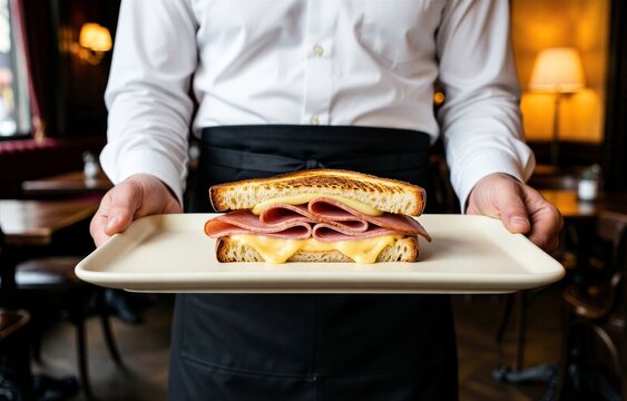 Waiter in white shirt, black apron holds plate with Croque Monsieur, griddled sandwich with ham cheese bechamel. Concept of culinary delight in dimly lit restaurant.