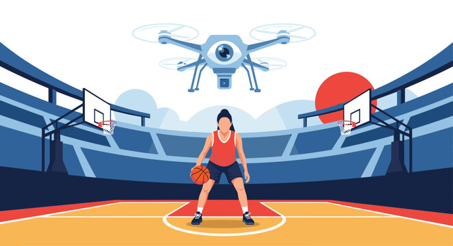 Athlete playing basketball in a stadium while being recorded by a high tech surveillance drone hovering above.