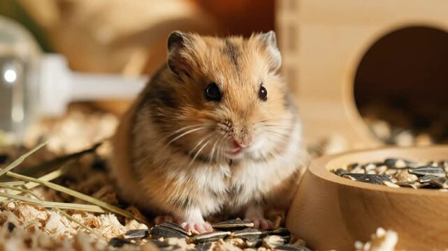 Cute hamster eating sunflower seed with focus on the tiny rodent inside its wooden habitat with straw bedding