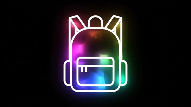 Neon backpack illustration with colorful animation glowing against a black background, representing school or travel