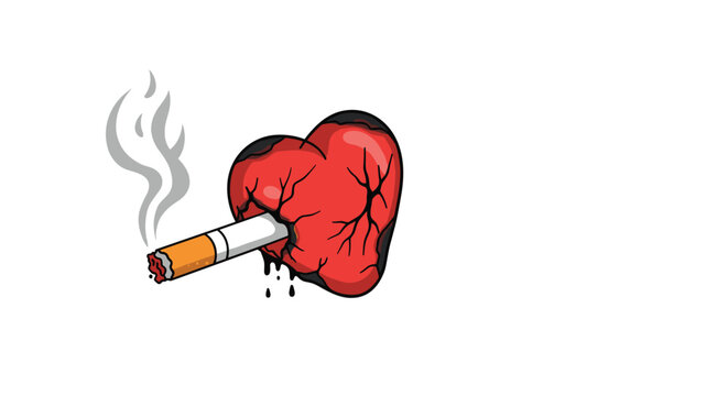 Powerful conceptual illustration showing a lit cigarette piercing through a cracked and bleeding human heart symbol.