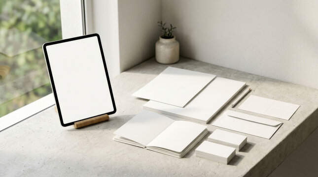 Maqueta de una tablet en blanco junto con varios soportes para incorporaci&oacute;n de marca.