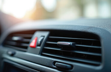 Obraz premium Car interior dashboard with visible air vent and red hazard light button. Focus on front passenger side, soft bokeh background shows sunny day.