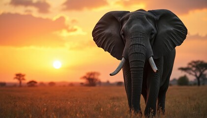 Fototapeta premium Massive elephant walks in savanna field at sundown. Orange sky with clouds. Lone wild animal with large tusks and trunk. African landscape at dusk.