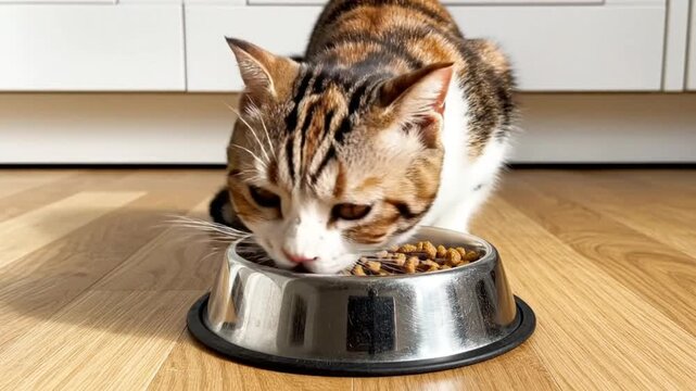 Cute tabby cat eats dry food from shiny stainless steel bowl on a wooden floor in bright daylight