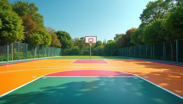 Outdoor basketball court with colorful markings and green trees under a clear blue sky. The fenced arena is empty and ready for a game. Sun shines brightly on the court.