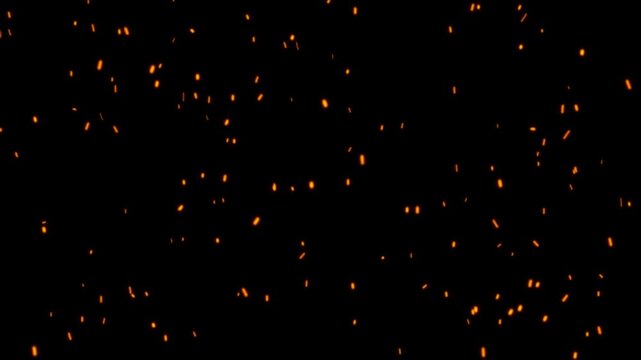 glowing fire sparks rising on black background embers particles with alpha channel 4k loopable overlay. realistic fire sparks and embers flying upwards.