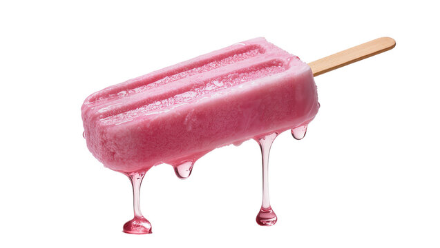 Pink strawberry popsicle with melting drips, isolated on transparent background
