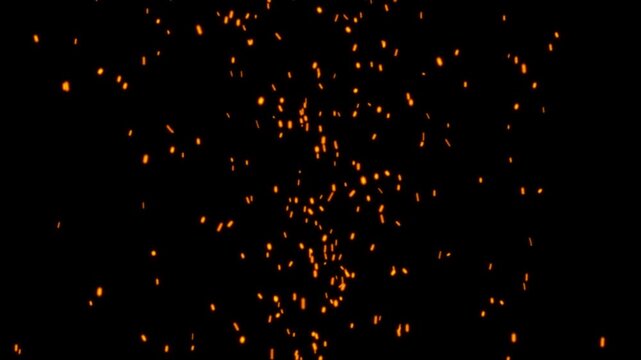 glowing fire sparks rising on black background embers particles with alpha channel 4k loopable overlay. realistic fire sparks and embers flying upwards.