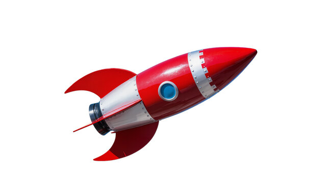 Retro red and silver rocket ship with blue window, isolated on transparent background