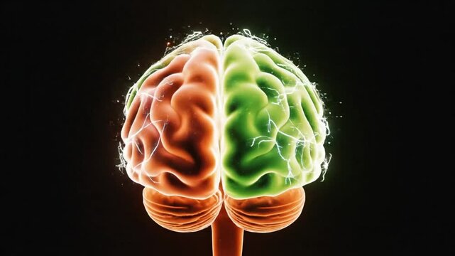 Brain with Glowing Sections and Electrical Activity, Depicting Mental Processing and Neural Connections