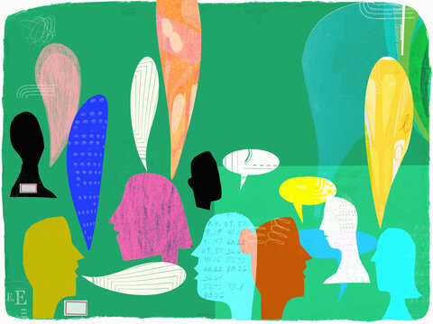 Abstract pattern of profiles of people with speech bubbles 