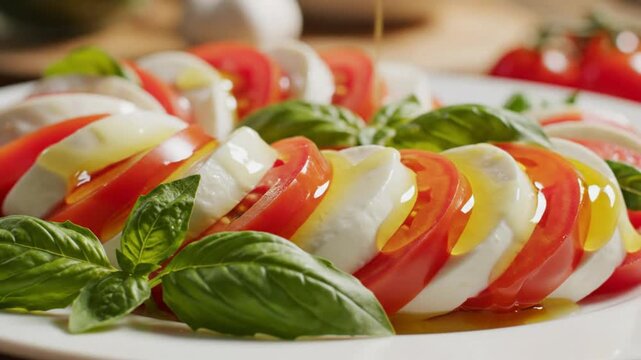 Delicious caprese salad drizzled with olive oil, a fresh and appetizing culinary delight ready to eat.