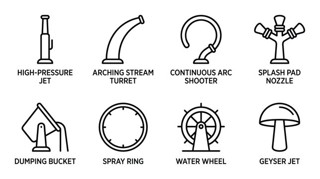 Water spray elements like jets turrets shooters rings wheels and dumping buckets for park use.