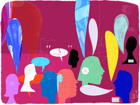 Abstract pattern of profiles of people with speech bubbles 