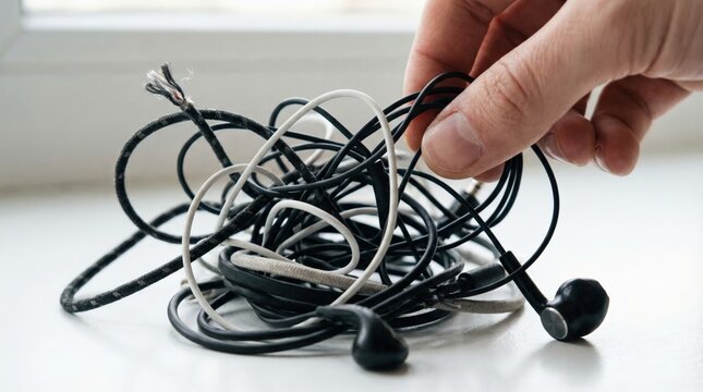 Hand holding a tangled mess of black and white earbud wires with a broken cord on a white surface
