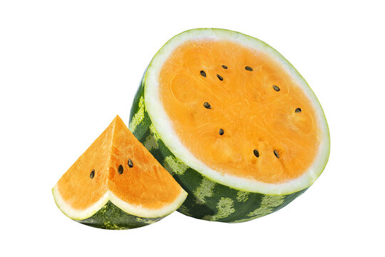 Fresh ripe yellow watermelon cut in half with juicy yellow pulp and black seeds, accompanied by slices. Isolated on white background, perfect for design, food concepts, summer themes