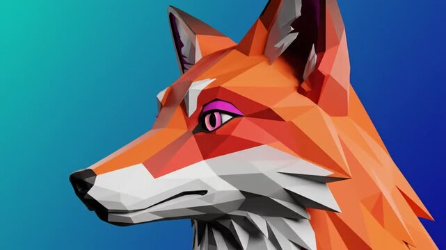 Low poly stylized digital animation of a vibrant orange fox with bright pink eyes and a detailed polygon design