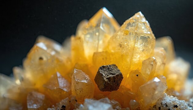 Macro photo shows cluster of yellow citrine crystals. Natural quartz mineral forms sharp geometric shapes with clear internal phantom inclusions. Dark rough rock sits among translucent facets.