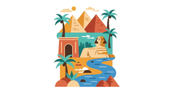 Egyptian landscape illustration with pyramids sphinx and palms