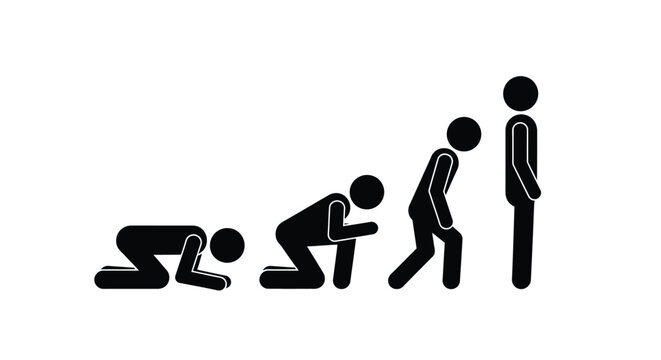 Stick figures depicting the human development process from crawling on the ground to standing upright tall