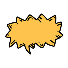 Naklejka premium Yellow comic burst speech bubble doodle illustration with bold black outline, hand drawn explosion dialog shape isolated on dark background, ideal for comic text, messaging, social media