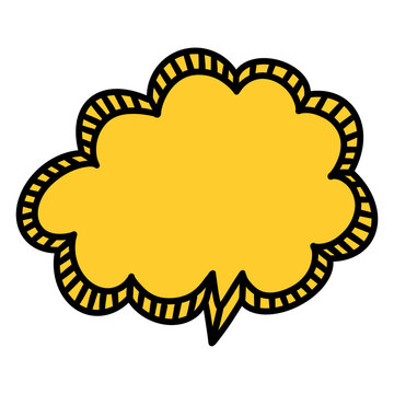 Yellow cloud comic speech bubble doodle illustration with bold black outline, striped edge detail and lightning tail, hand drawn cartoon dialog shape isolated on dark background, ideal for comic text