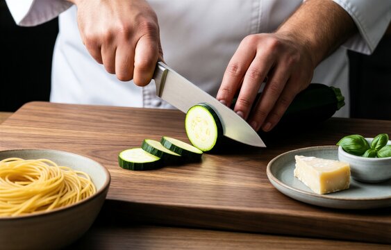 Chef hand slicing cucumbers for Spaghetti alla Nerano on wooden cutting board. Concept of food preparation showcasing pasta with zucchini provolone basil.