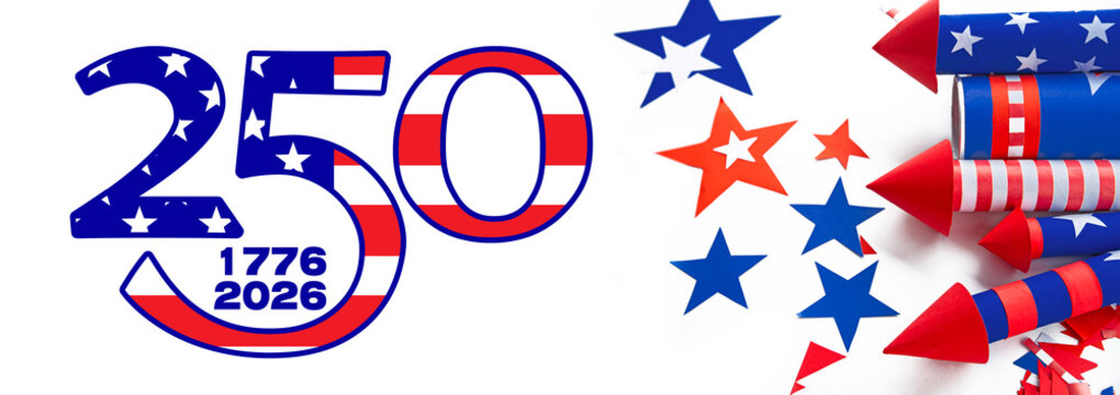 USA 250 anniversary greeting card
. Fourth of July design with patriotic decor
. American Independence celebration layout 4 th of july.